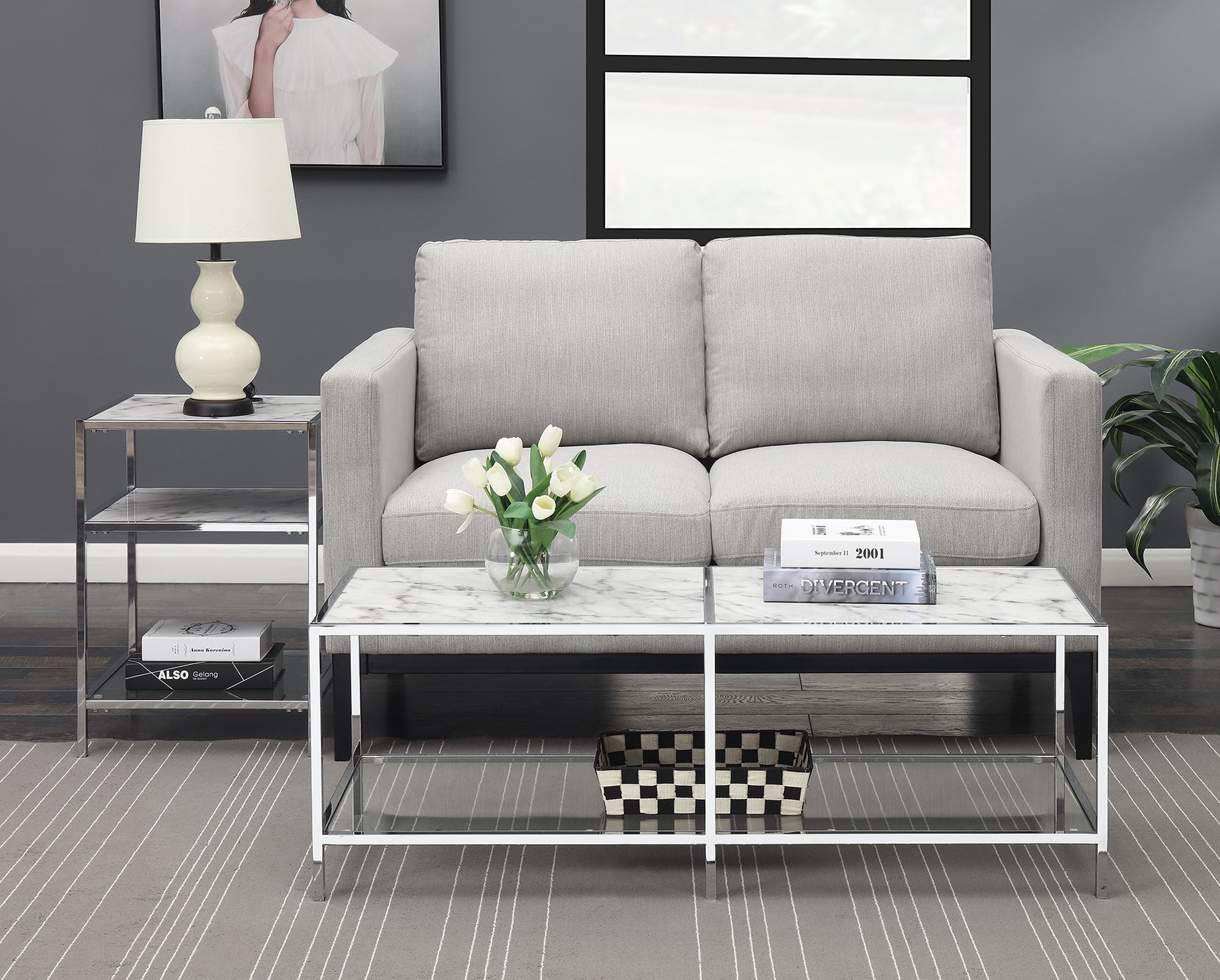 Convenience Concepts 134582WM Coffee Table Faux White Marble/Glass/Chrome Frame