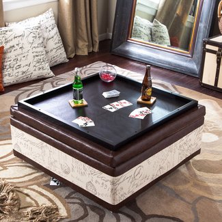 Corbett Leather and Linen Coffee Table Storage Ottoman ...