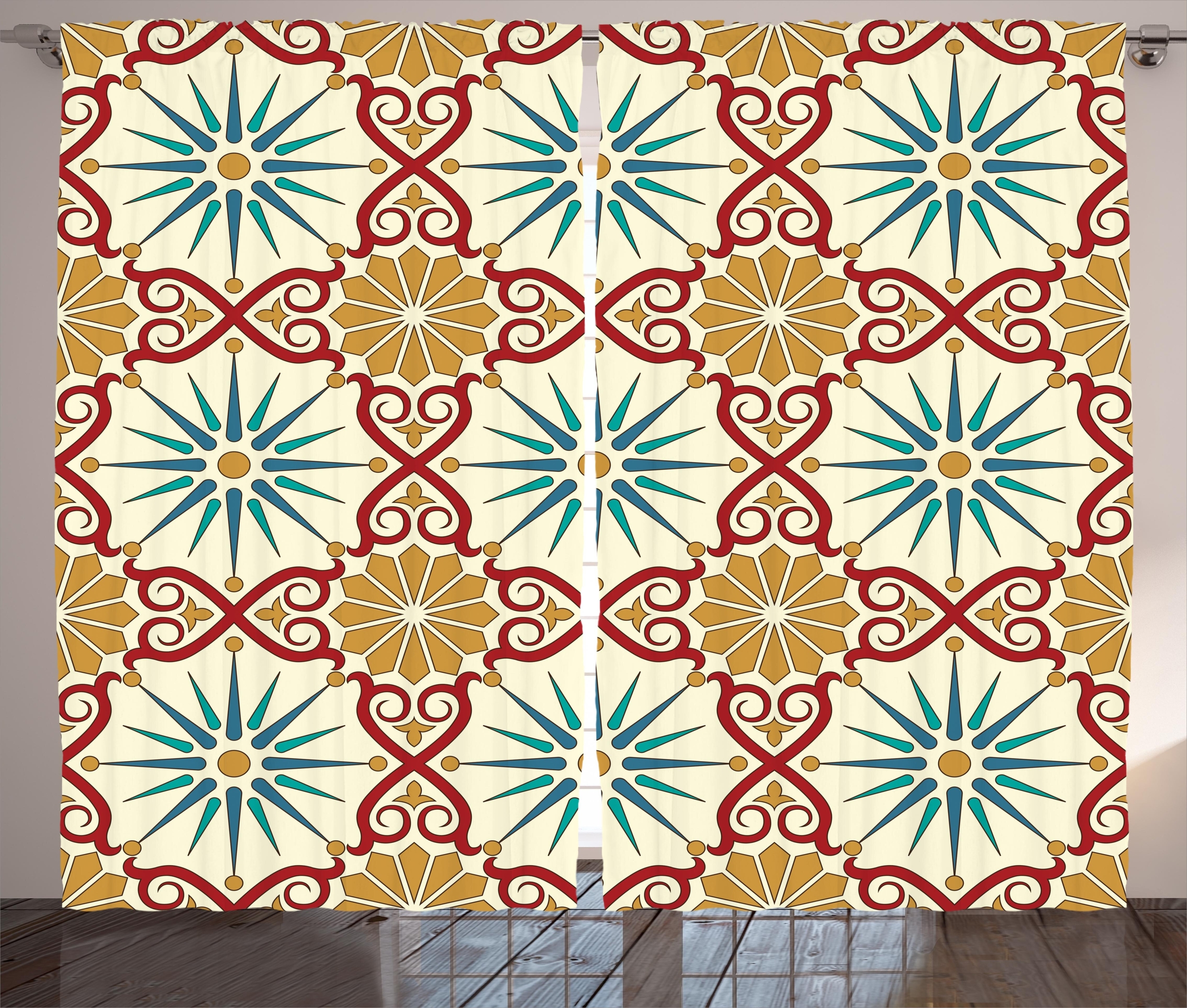 Cote Moroccan Eastern Islamic Sacred Geometry Art Figures with Classic Damask Elements Image Graphic Print & Text Semi-Sheer Rod Pocket Curtain Panels (Set of 2)