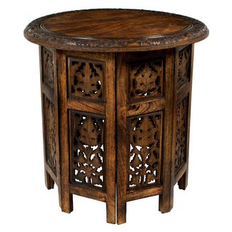 Cotton Craft - Jaipur Solid Wood Handcrafted Carved Folding Accent Coffee Table - Antique Brown - 18 Inch Round Top x 18 Inch High