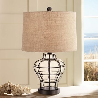 Croyton Nautical Accent Table Lamp Clear Blown Glass Metal Cage Burlap Drum Shade for Living Room Family Bedroom Bedside - 360 Lighting