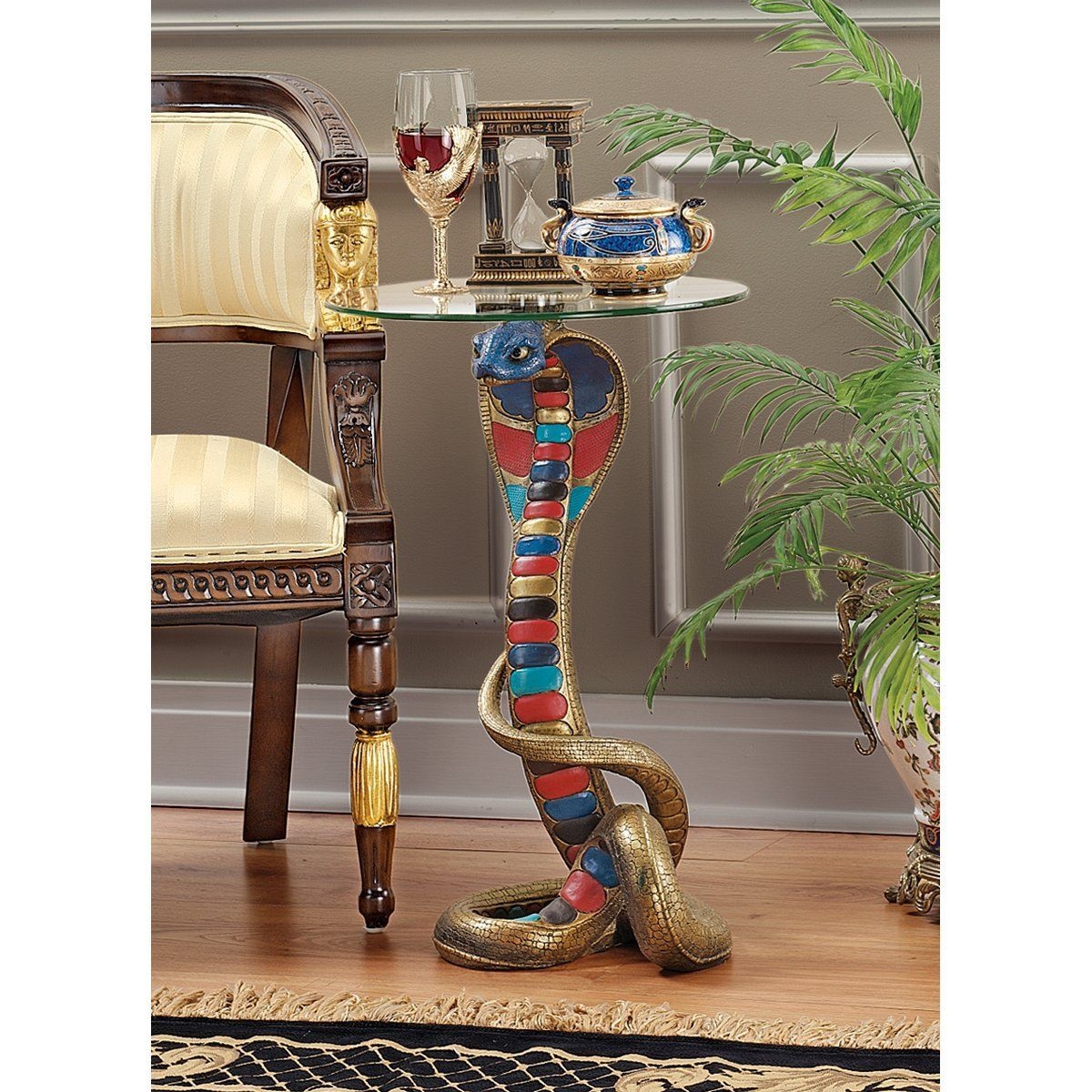 Design Toscano Renenutet Egyptian Cobra Snake Goddess Side End Table, 24 Inch, Polyresin with Glass Top,