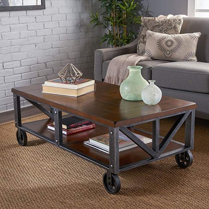 Dresden Industrial Dark Brown Faux Wood Coffee Table with Antique Black Iron Frame