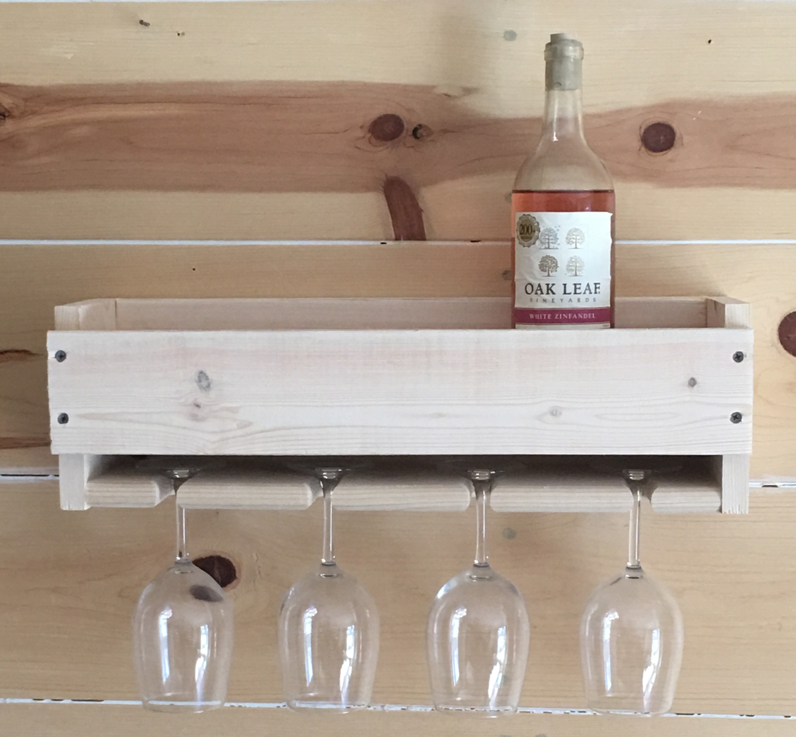 Single brightmaison Wall Mounted Walnut Stained Wood Wine Stem Rack for Bottles and Stemware Glass Storage Display 