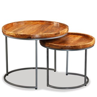 Festnight Set of 2 Wood Nesting End Side Table with Wrought Iron Legs Industrial Stackable Round Coffee Table for Living Bedroom Furniture Home Space Saving