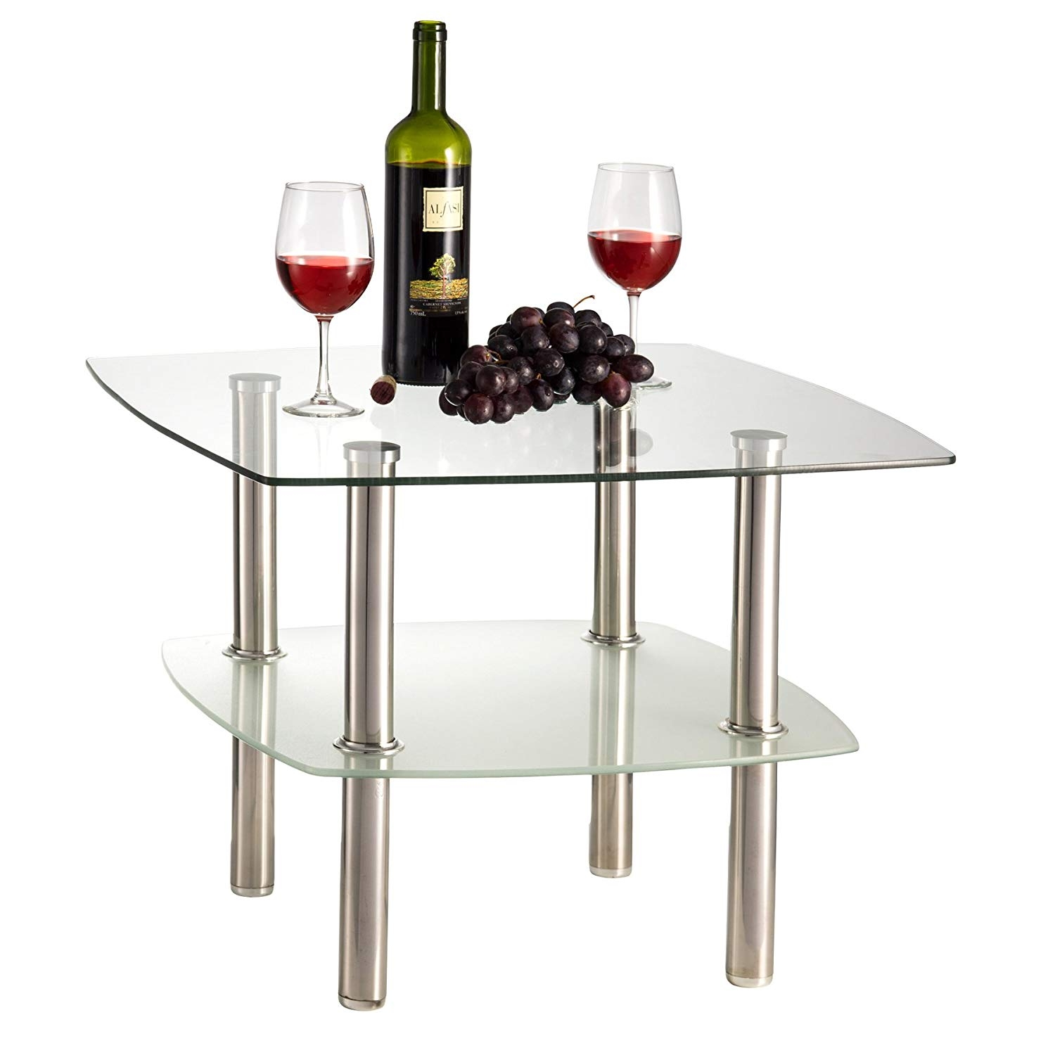 Fineboard Glass Coffee Table/Side Table 2 Tier, Glass Top and Silver Metal Legs