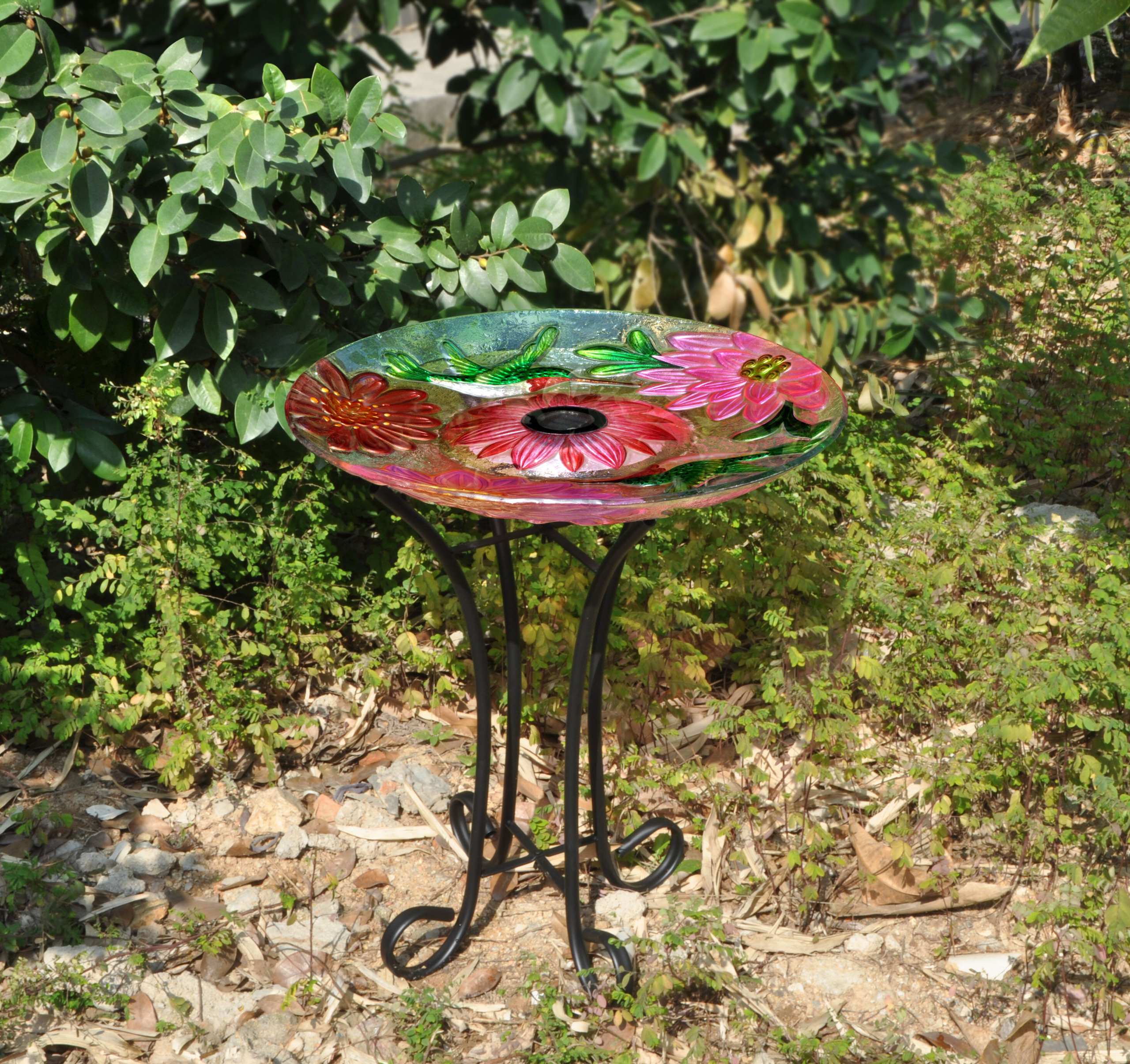Floral Glass Hummingbird Solar Birdbath with Stand
