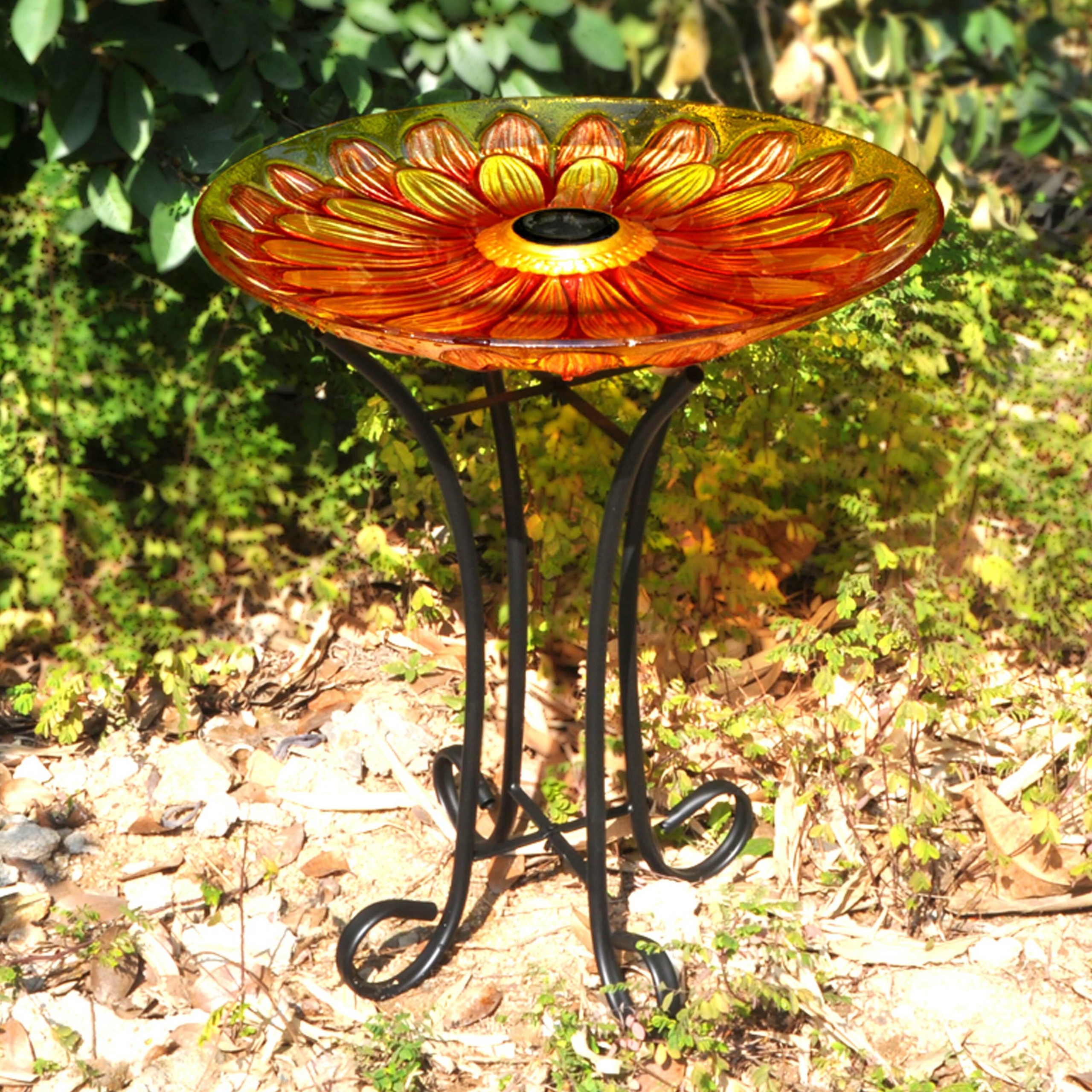 Floral Glass Solar Birdbath with Stand