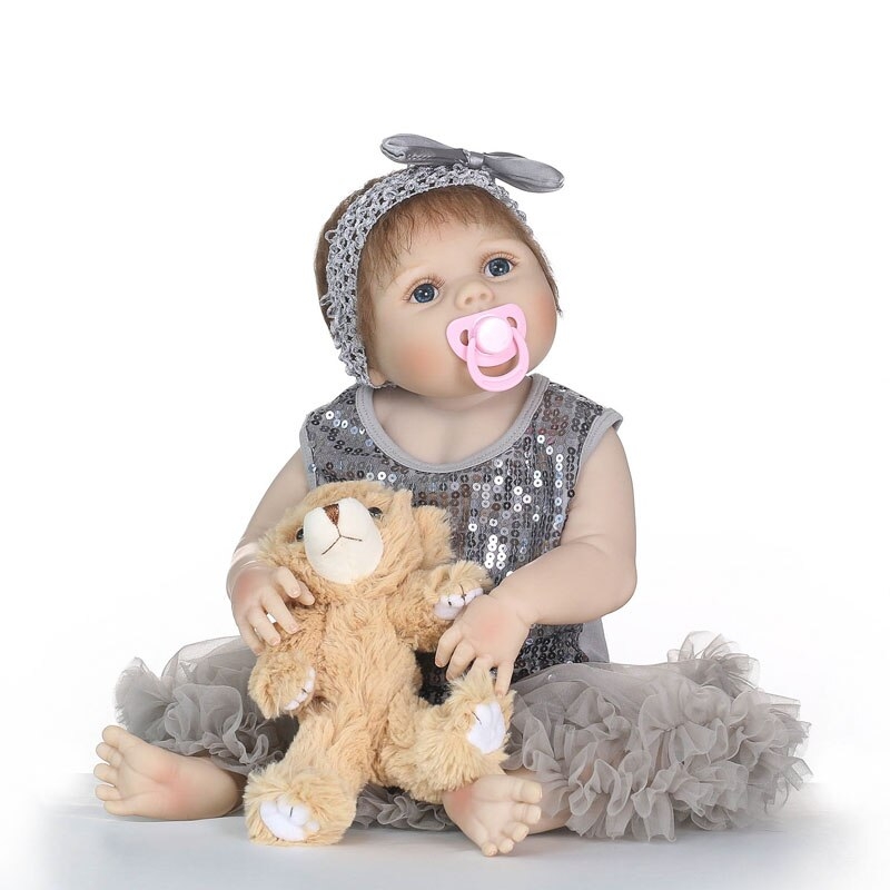 Forgun 22in Newborn Lifelike Full Silicone Baby Doll-Gray Sequins Mesh Dress Brown Bear Bow Headband Toys Early Childhood