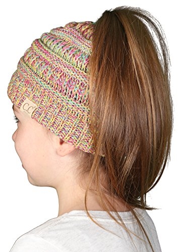 Funky Junque BeanieTail Children’s Ponytail Messy Bun Beanie Solid Ribbed Hat 