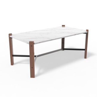 Giantex Modern Coffee Table White, Wood Look Accent Furniture with X Shape Cross Metal for Living Room, Faux Marble Top for Easy Clean