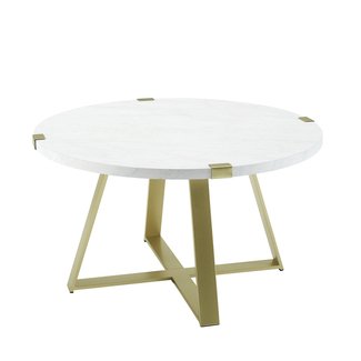 Home Living Room Modern Round Coffee Table with X Shaped Metal Base - White Faux Marble/Gold