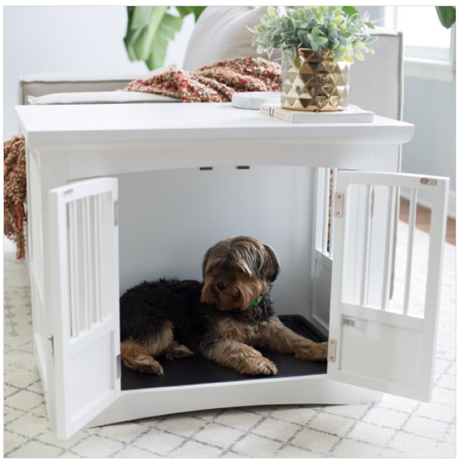 Decorative Dog House Cage Indoor Use Double Doors Wooden Wire Dog Kennel with Pet Bed Medium and Large Furniture Style Dog Crate beeNbarks Pet Crate End Table 