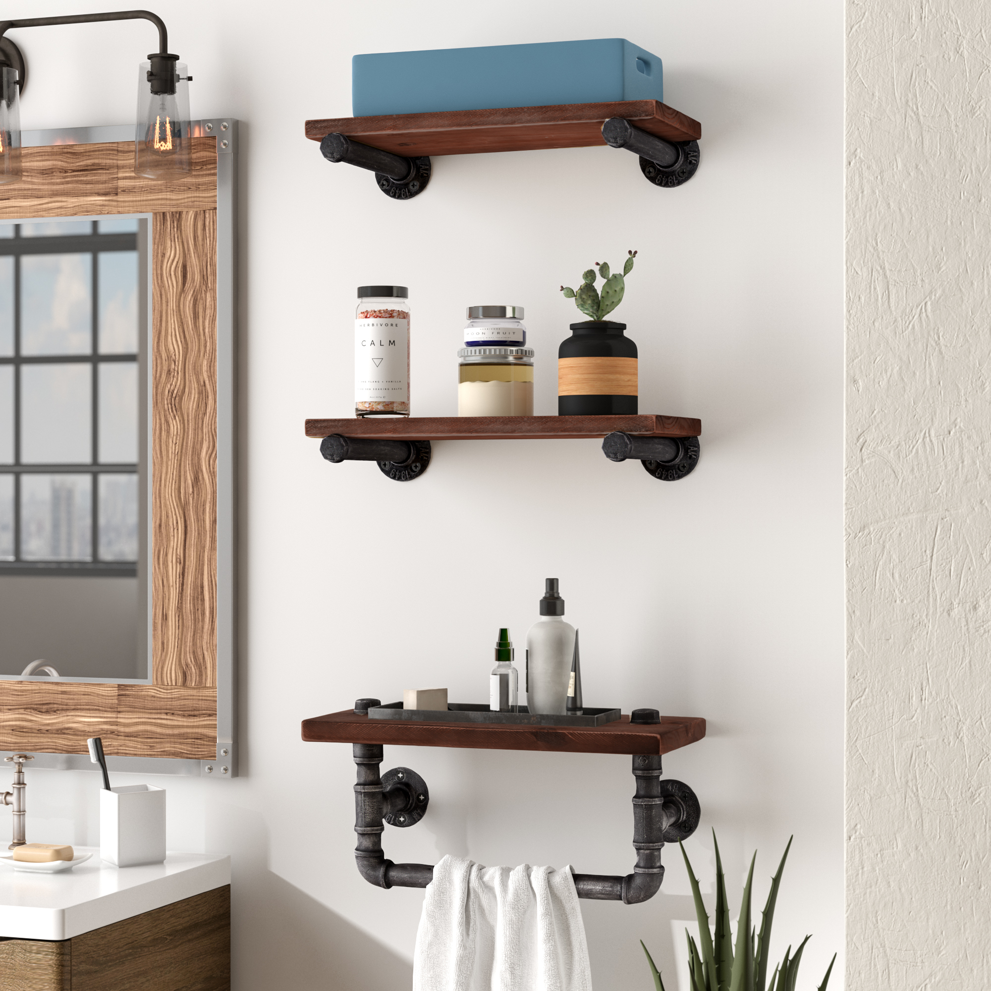 Industrial Walnut Wood Floating 3 Piece Wall Shelf Set