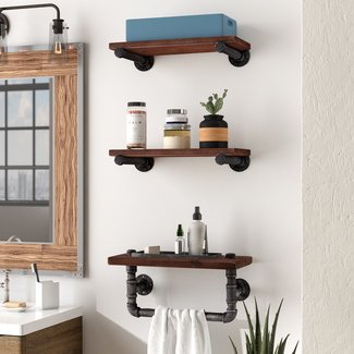 Industrial Walnut Wood Floating 3 Piece Wall Shelf Set