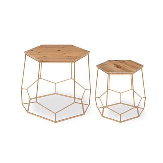 Kate and Laurel Gada 2-Piece Rustic-Modern Side Accent Tables Geometric Metal Gold Base with Natural Wood Top