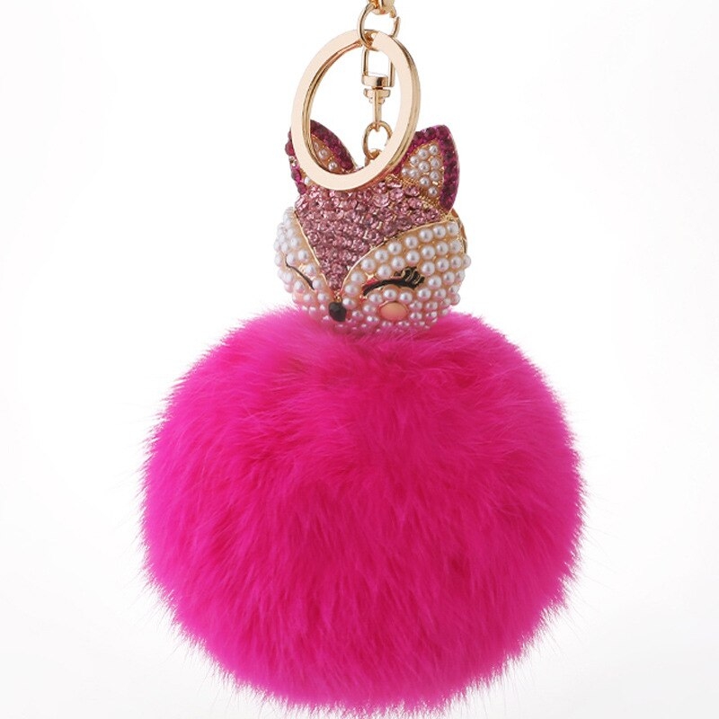 Kissweet Cute Fox Pom Pom Fur Ball Rhinestone Keychain Bag Car Ring Keyring