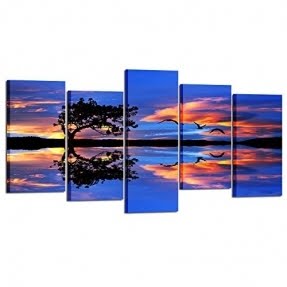 Kreative Arts Large 5 Panel Canvas Prints Lonely Tree Framed Wall Art Sunset Sky Clouds Color in The Lake Purple Scenery Decorations Living Room