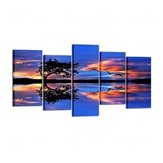 Kreative Arts Large 5 Panel Canvas Prints Lonely Tree Framed Wall Art Sunset Sky Clouds Color in The Lake Purple Scenery Decorations Living Room
