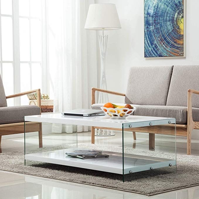 LAGRIMA Modern Coffee Table w/ 2 Tires,Gloss White Rectangle Living Room Table, MDF & Glass