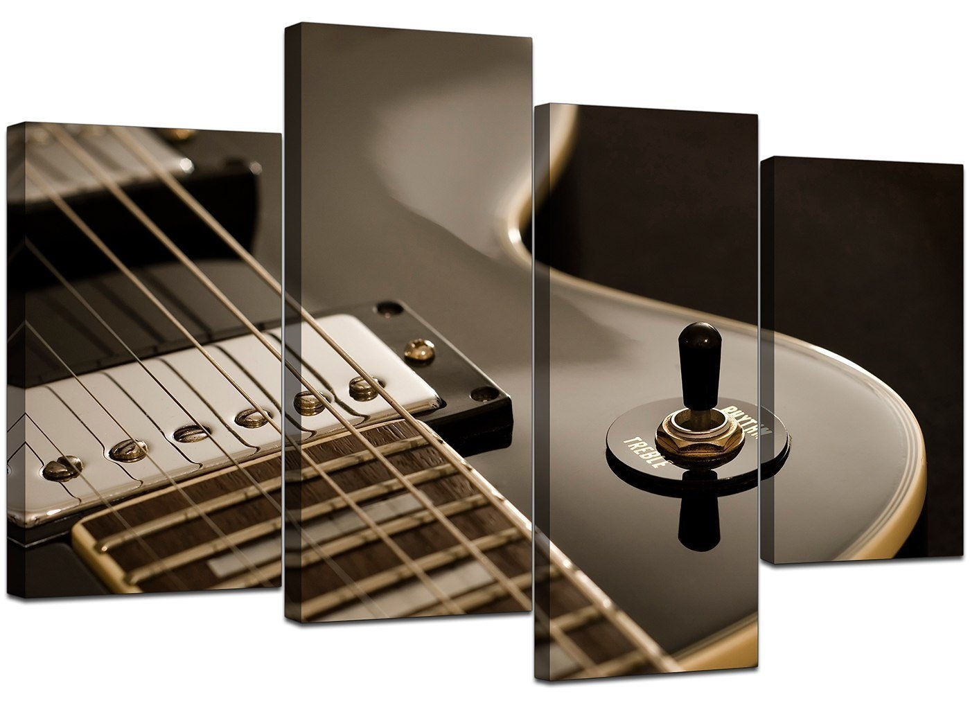 Large Black White Electric Guitar Canvas Wall Art Pictures - Multi Panel Artwork - Modern Music Prints - Split Set of 4 Canvases - XL - 130cm Wide