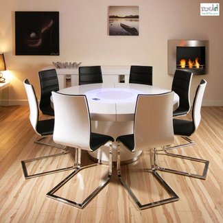 Large Round White Gloss Dining Table & 8 White /