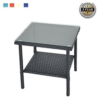 LEAPTIME Outdoor Indoor Square Patio Rattan Wicker Side Tea Coffee Table with Tempered Glass Top, Black