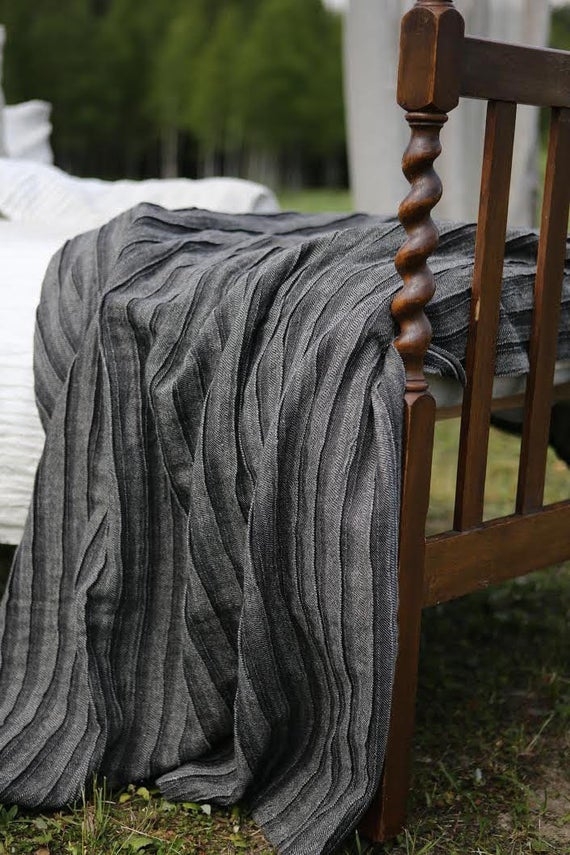 Linen blanket. Linen bed throw. Charcoal grey blanket. Natural