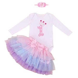 Infant Baby Girls 1st Birthday Outfits Short Sleeves Romper+Tutu Skirt Headband