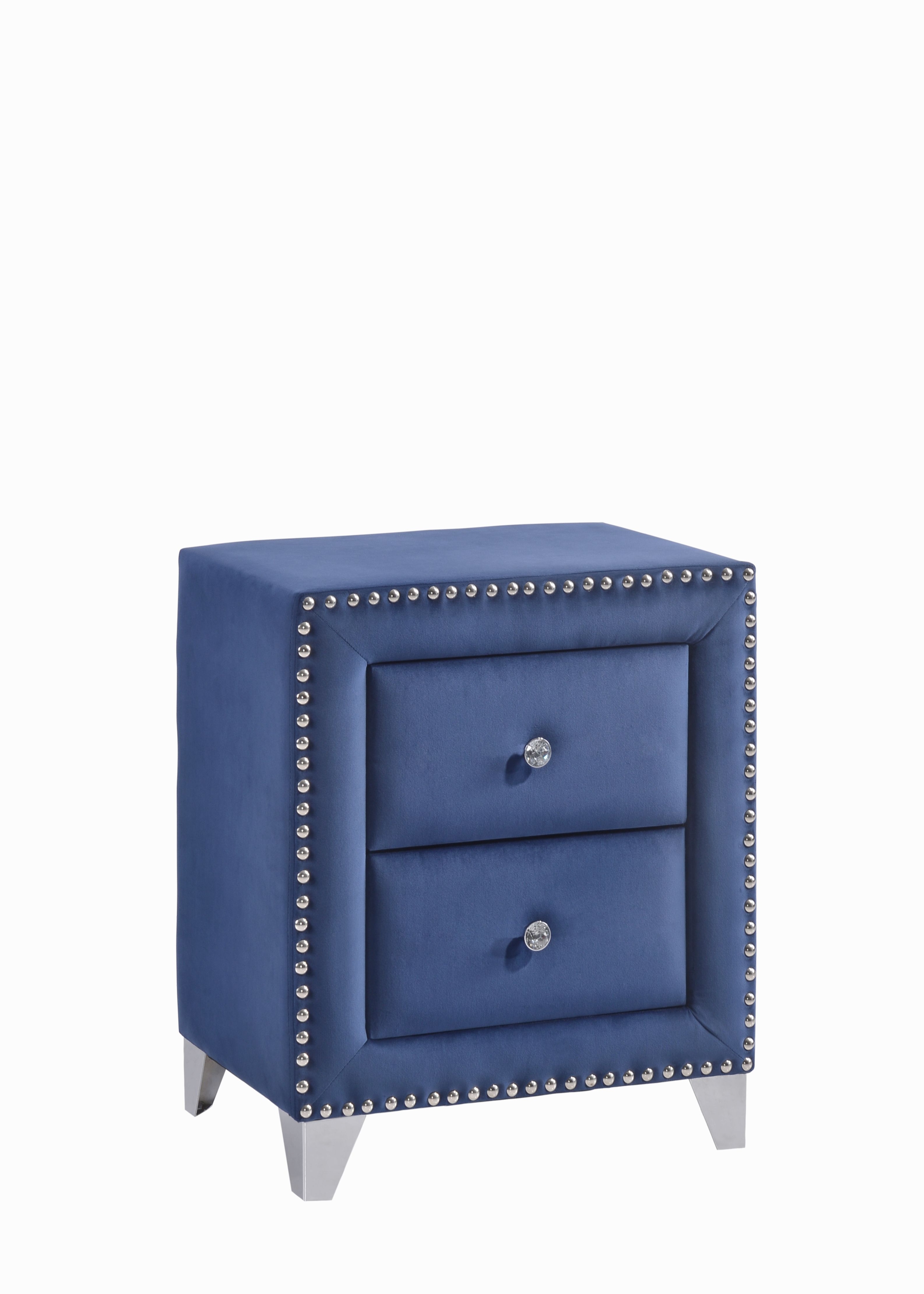 Meridian Furniture Caroline-NS Caroline Velvet Upholstered 2 Drawer Nightstand with Nailhead Trim, Crystal Handles, and Custom Chrome Legs, Navy