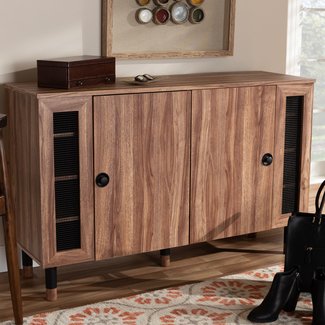 Modern and Contemporary 2 Door Wood Entryway 16 Pair Shoe Storage Cabinet