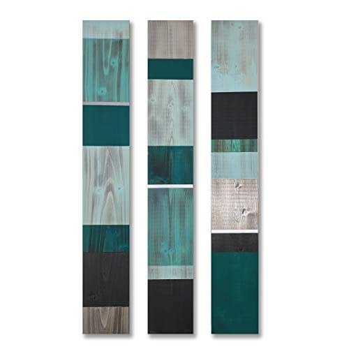 Modern Farmhouse Wood Wall Hanging, Dark Teal, Aqua and Grey, Rustic 3 Panel Wood Wall Art