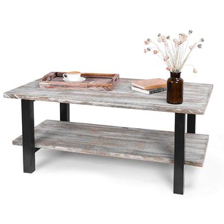 MyGift 42-Inch Torched Wood Industrial Coffee Table with Storage Shelf