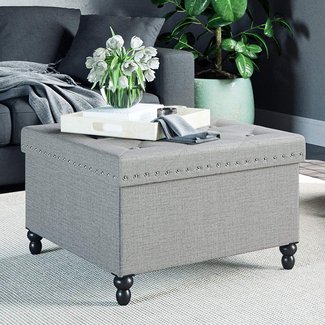Nathan James 73301 Payton Ottoman Chest and Footrest with Storage and Silver Nailheads, Square Seat, Gray