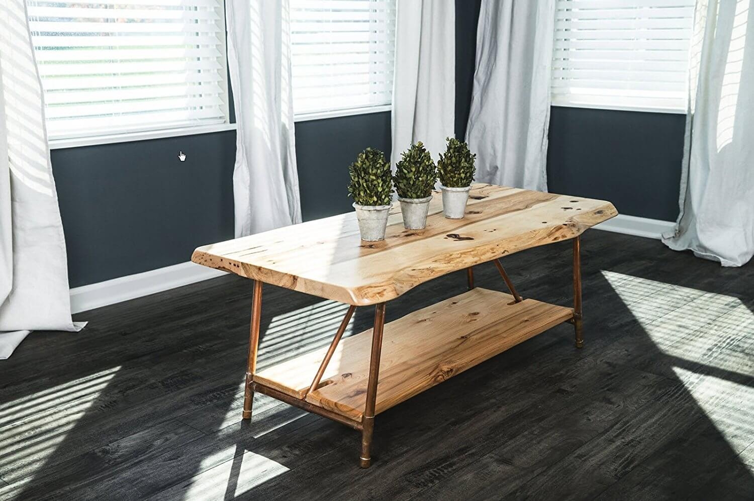 Niangua Furniture Live Edge Rustic Coffee Table - Hickory Wood - Metal Copper Pipe Legs - 48" x 23"