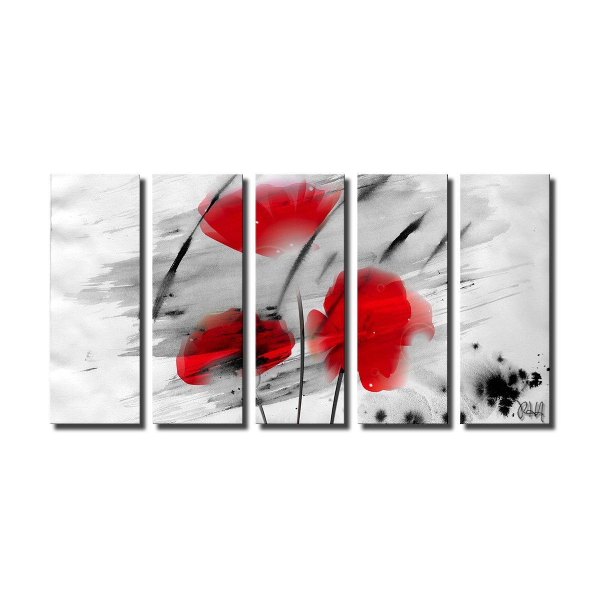 'Painted Petals III' 5 Piece Graphic Art on Canvas Gray/Red/Black