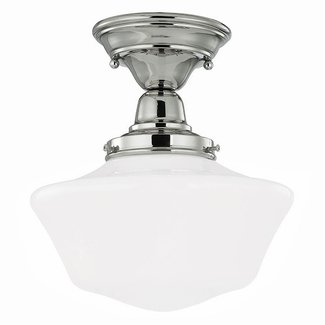 Polished Nickel 10 Inch Schoolhouse Semi Flush Mount Ceiling Light With Milk Glass Shade
