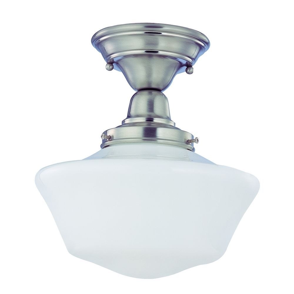 Polished Nickel 12 Inch Schoolhouse Semi Flush Mount Ceiling Light With Milk Glass Shade