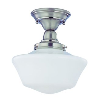 Polished Nickel 12 Inch Schoolhouse Semi Flush Mount Ceiling Light With Milk Glass Shade