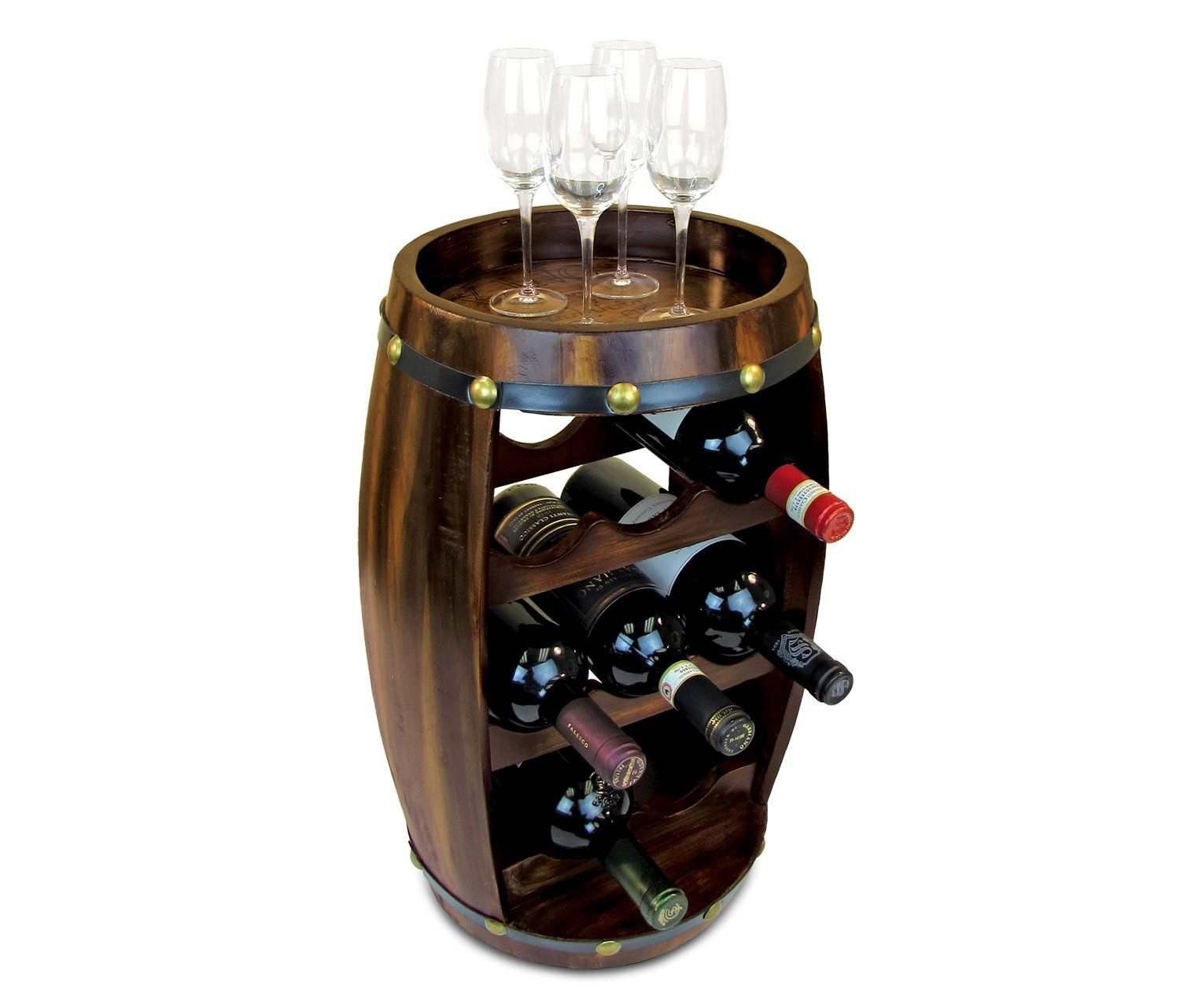 Puzzled Contemporary Barrel Wooden 8 Bottle Wines Rack & Wine Glasses, Free Standing Fully Assembled Elegant Storage Liquor Display Stackable Decorative Organizer Home Kitchen Countertop Accessory