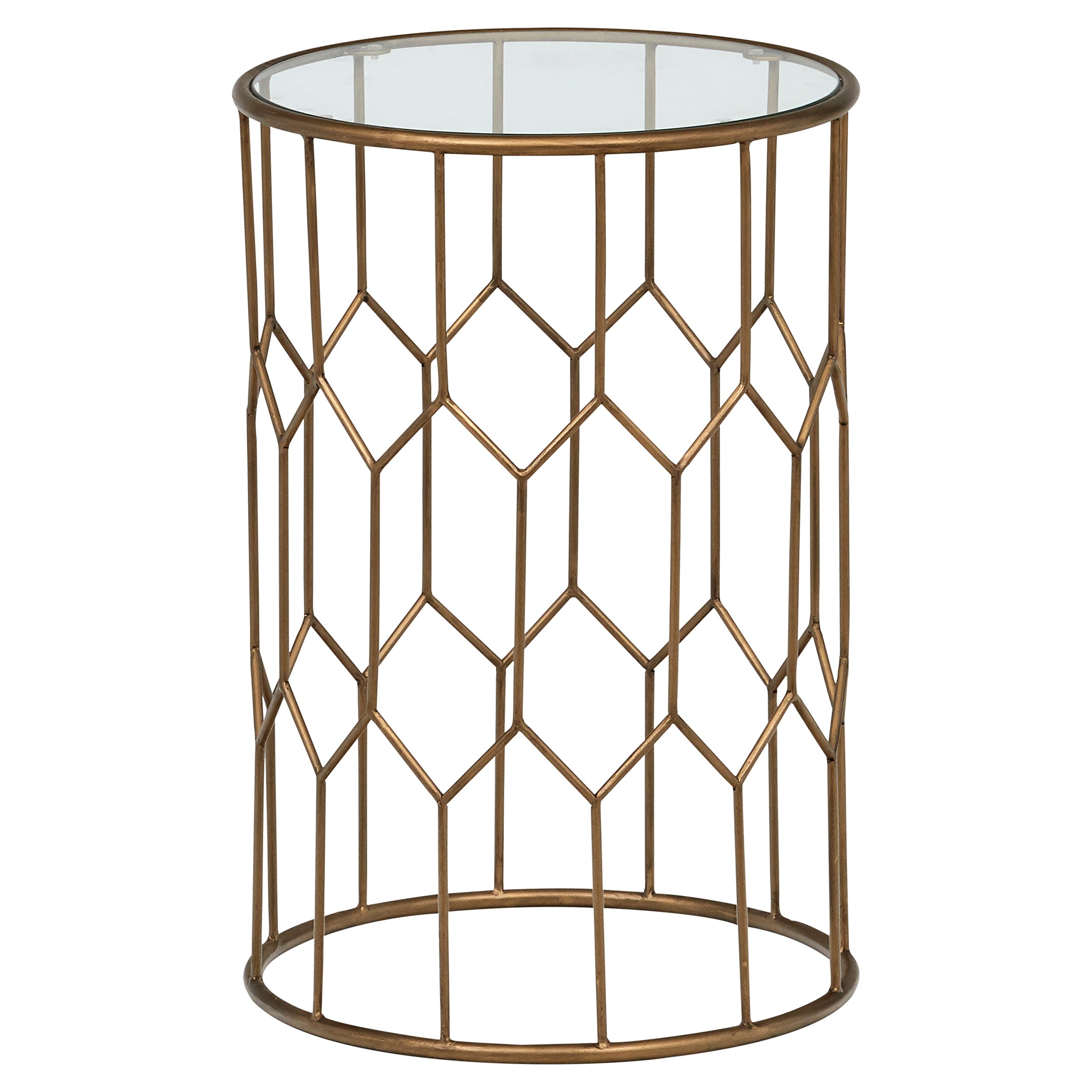 Rivet Geometric Modern Glass and Metal End Table, 15.6" W, Gold Finish