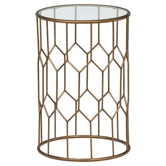 Rivet Geometric Modern Glass and Metal End Table, 15.6" W, Gold Finish
