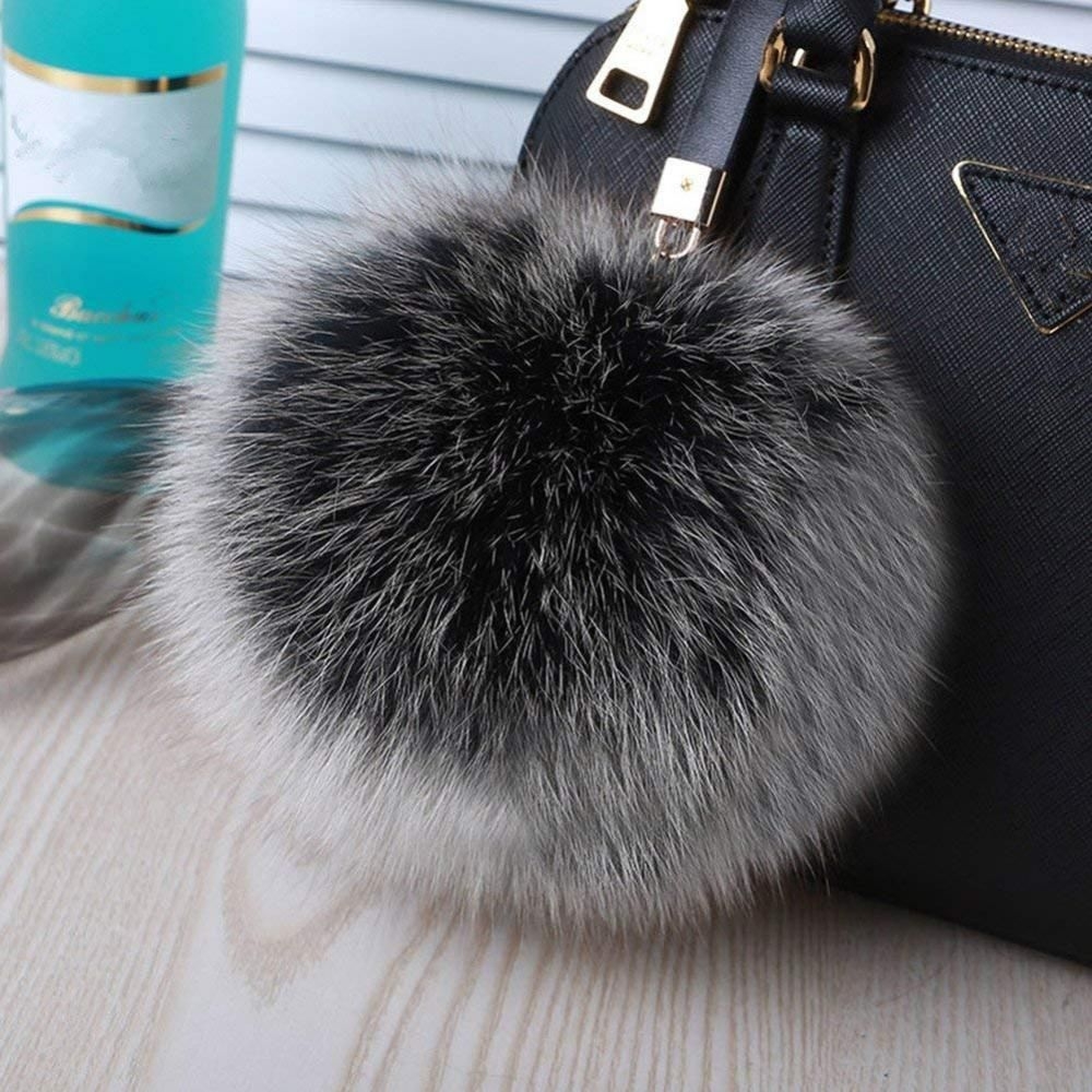 Roniky Large Genuine Fox Fur Pom Pom Keychain Bag Charm Gold Ring Fluffy Fur Ball
