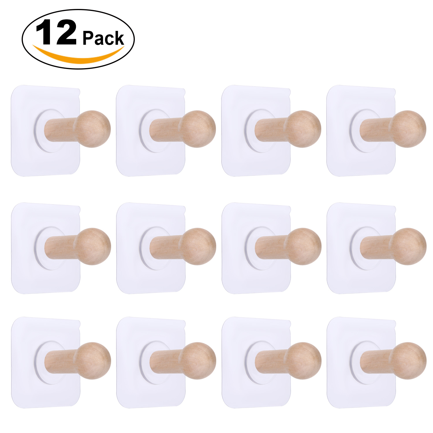 RONRI Wall Hooks, 12 Pack Adhesive Hooks Wooden Hat Hooks Storage Wall Mounted Coat Hanging Hook without Nails for Bathroom Bedroom Kitchen Towel Key Robe Mop Utensil Coat