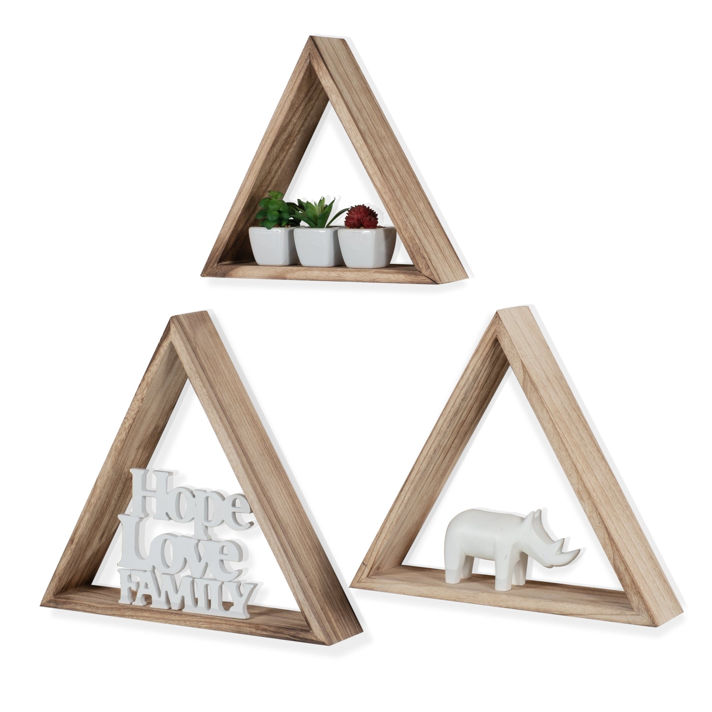 Rustic State Dante Wall Mount Triangle Wooden Box Geometric Floating Shelf Distressed Walnut Varying Sizes Set of 3