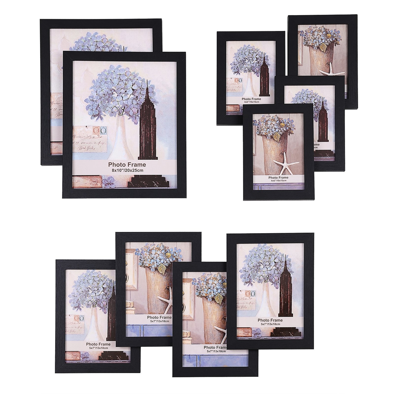 SONGMICS Picture Frames Set of 10 Frames with Glass Front - Two 8x10 in, Four 5x7 in, Four 4x6 in, Collage Photo Frames Wood Grain Black URPF10B