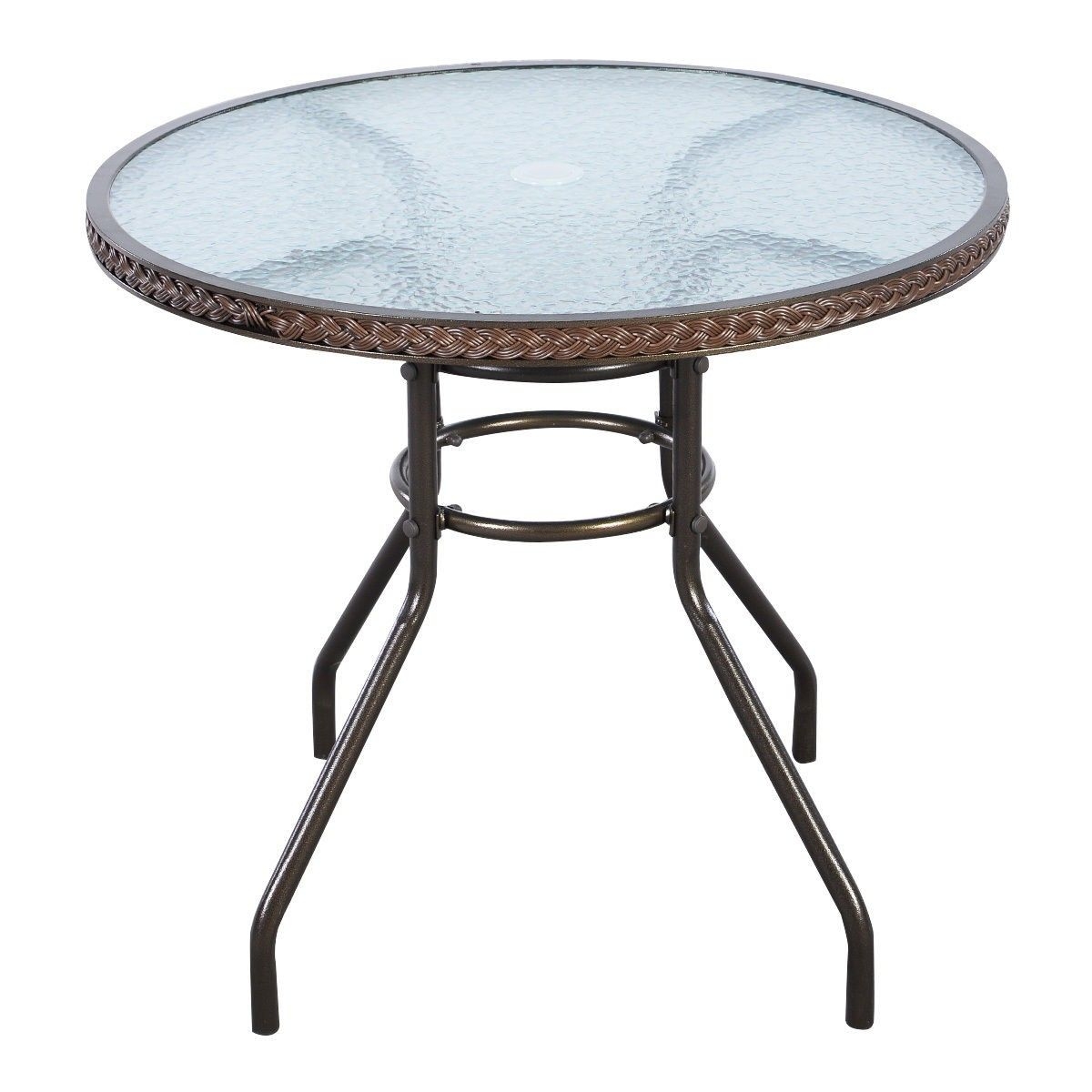 Tangkula 32" Patio Table Outdoor Round Wicker Covered Edge with Tempered Glass Top and Umbrella Insert Coffee Dining Tabel Patio Furniture for Lawn Garden Pool Steel Frame Commercial Party Table