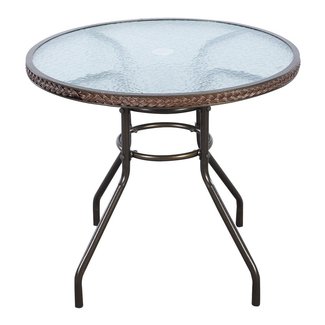 Tangkula 32" Patio Table Outdoor Round Wicker Covered Edge with Tempered Glass Top and Umbrella Insert Coffee Dining Tabel Patio Furniture for Lawn Garden Pool Steel Frame Commercial Party Table
