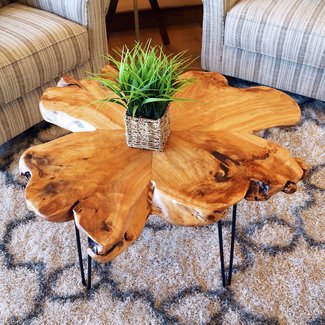 WELLAND Live Edge Coffee Table, Wood Slab Coffee Table, Natural Edge Coffee Table, Mid-Century Hairpin Coffee Table 29" L x 27" W x 20.5" T
