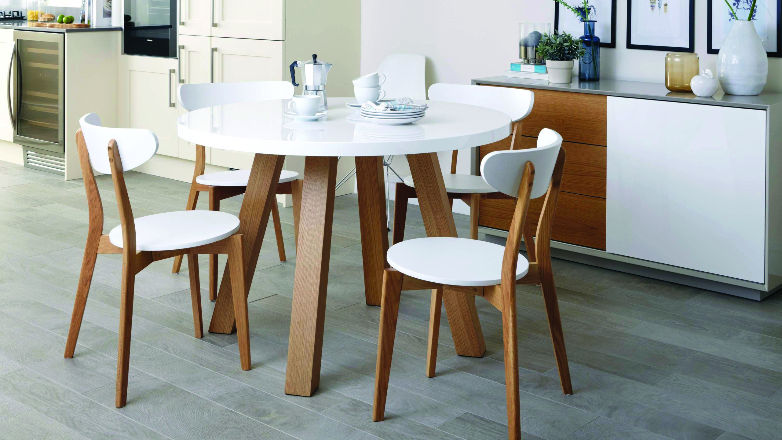 White Gloss and Oak 4 Seater Dining Set | Round